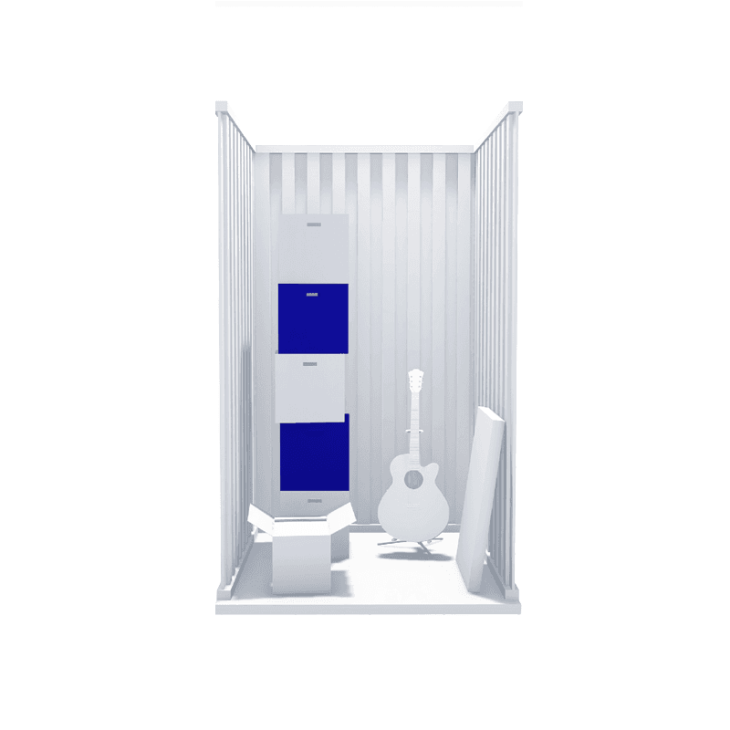 Secure 25sqft self storage unit with boxes and guitar